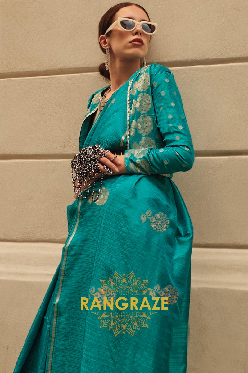 Turquoise Blue Pure Satin Zari Lining Handloom Weaving Banarasi Saree