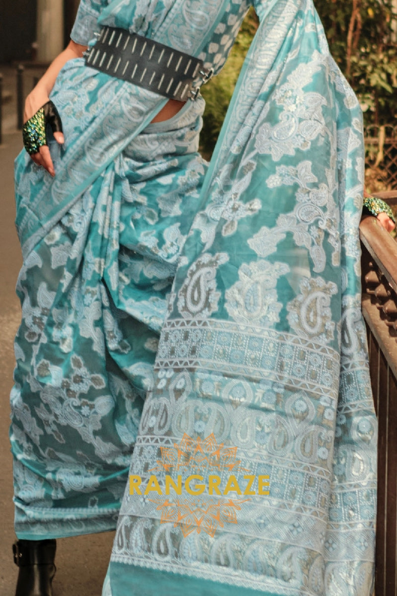 Turquoise Blue Woven Lucknowi Organza Silk Saree
