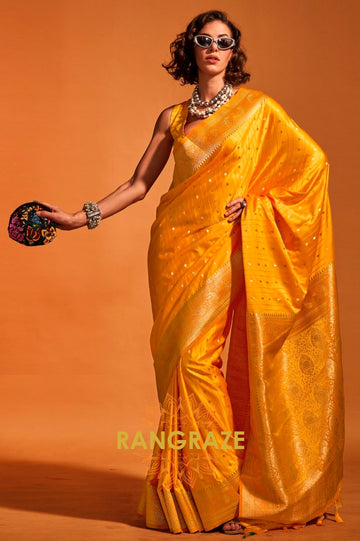 Sparkling Yellow Dual Tone Banarasi Satin Silk Saree