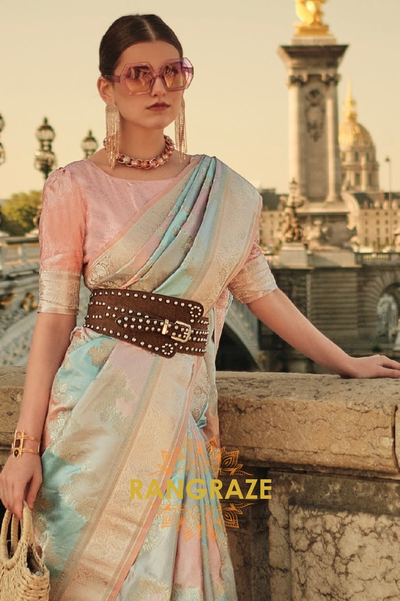 Imperial Peach Rangkat Satin Handloom Weaving Silk Banarasi Saree