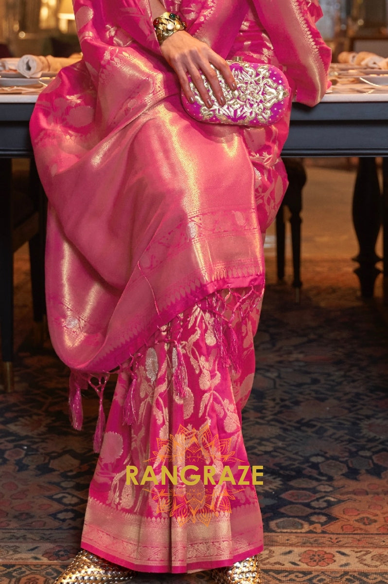 Salmon Pink Zari Work Handloom Banarasi Silk Saree