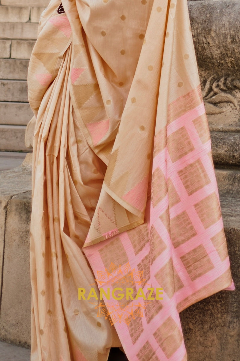 Royal Golden Beige Woven Banarasi Khaddi Silk Saree