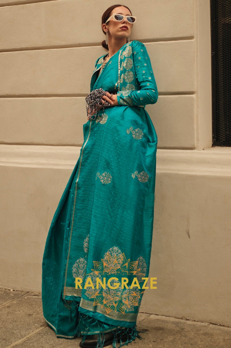 Turquoise Blue Pure Satin Zari Lining Handloom Weaving Banarasi Saree