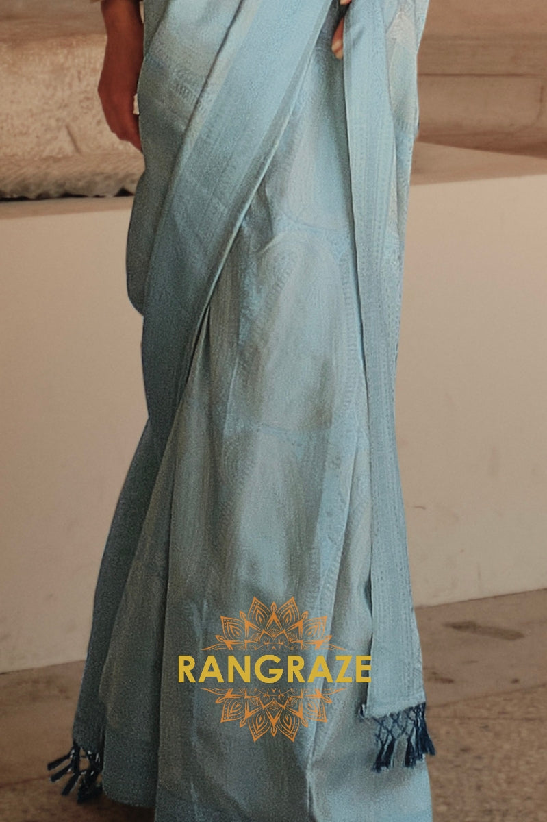 Sky Blue Pure Satin Handloom Weaving Banarasi Silk Saree
