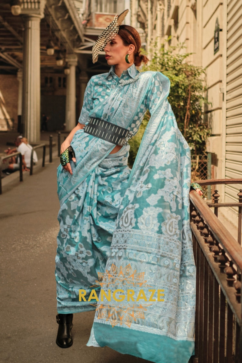 Turquoise Blue Woven Lucknowi Organza Silk Saree
