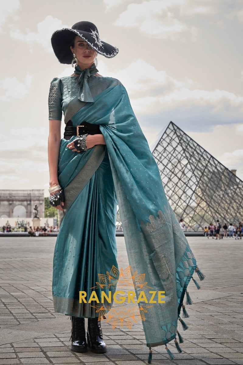 Allure Blue Woven Satin Silk Saree With Brocade Blouse