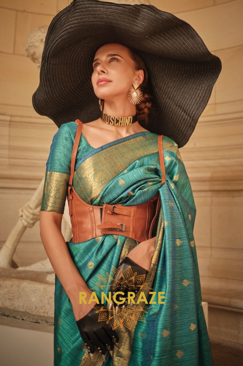 Teal Green Woven Banarasi Khaddi Silk Saree