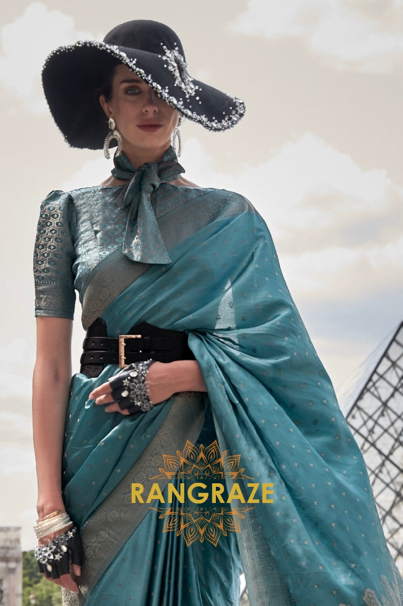 Allure Blue Woven Satin Silk Saree With Brocade Blouse
