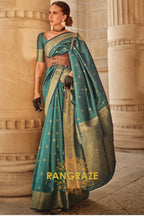 Teal Green Woven Banarasi Khaddi Silk Saree