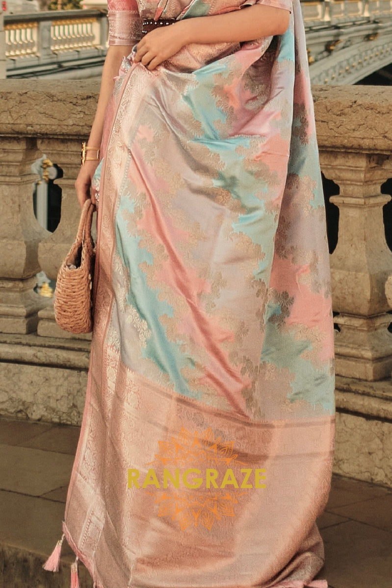 Imperial Peach Rangkat Satin Handloom Weaving Silk Banarasi Saree