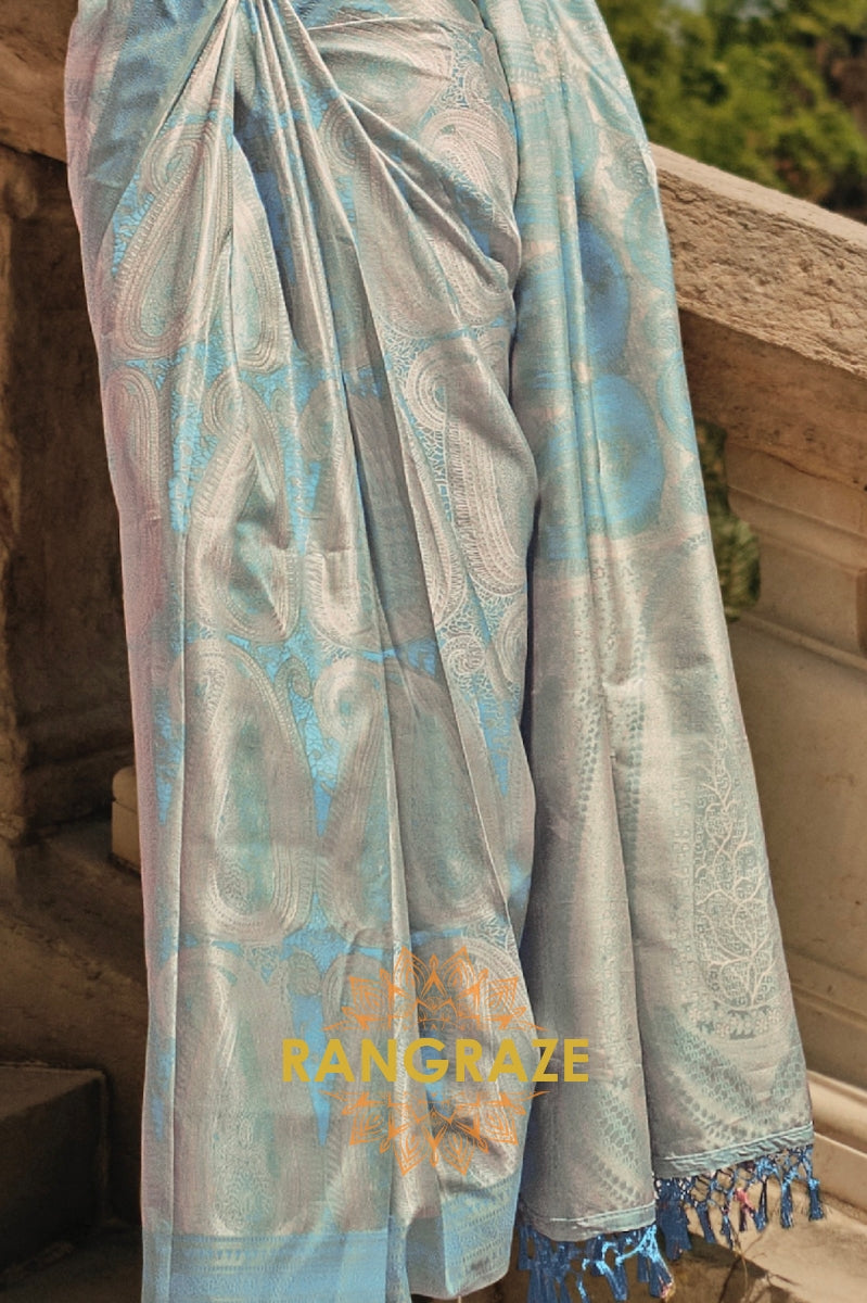 Sky Blue Pure Satin Handloom Weaving Banarasi Silk Saree