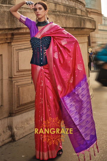 Magenta Red Woven Banarasi Soft Silk Saree