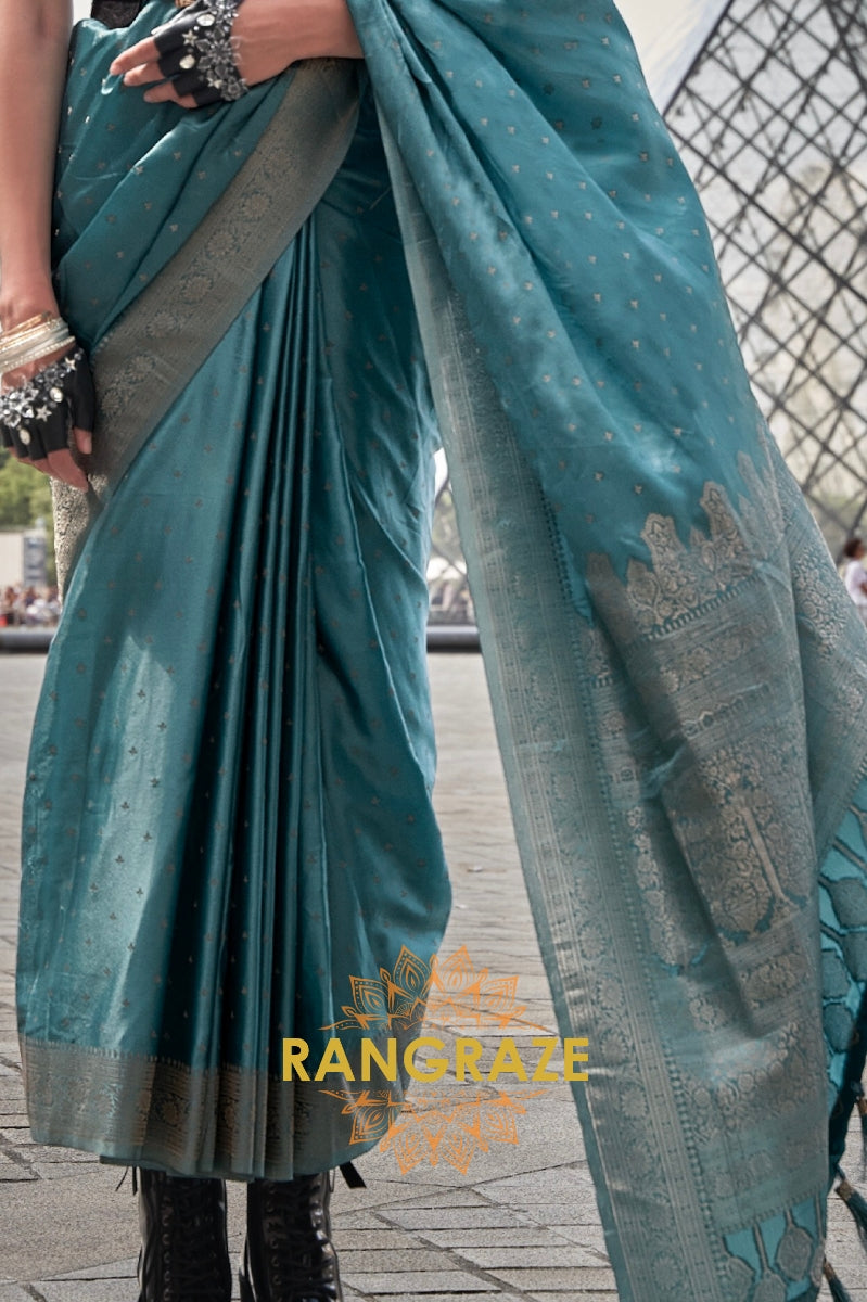 Allure Blue Woven Satin Silk Saree With Brocade Blouse