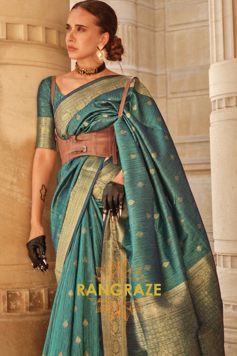 Teal Green Woven Banarasi Khaddi Silk Saree