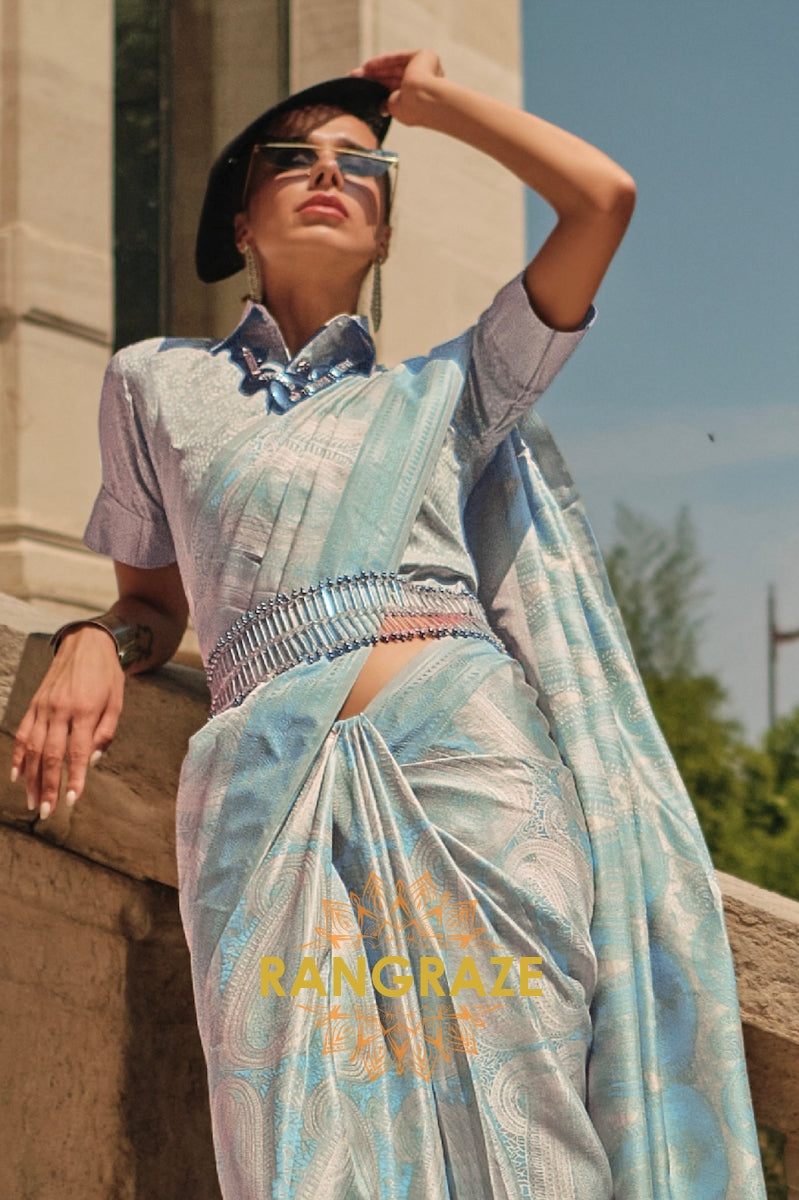 Sky Blue Pure Satin Handloom Weaving Banarasi Silk Saree