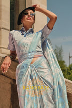 Sky Blue Pure Satin Handloom Weaving Banarasi Silk Saree