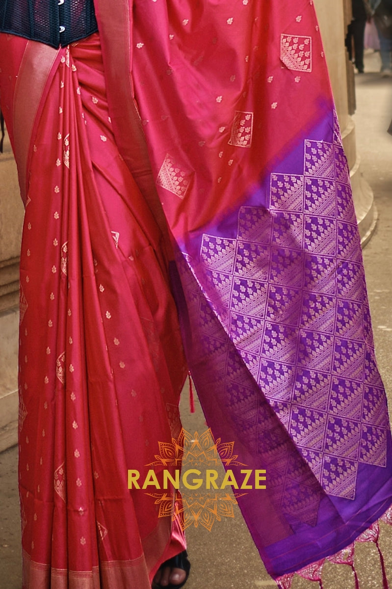 Magenta Red Woven Banarasi Soft Silk Saree