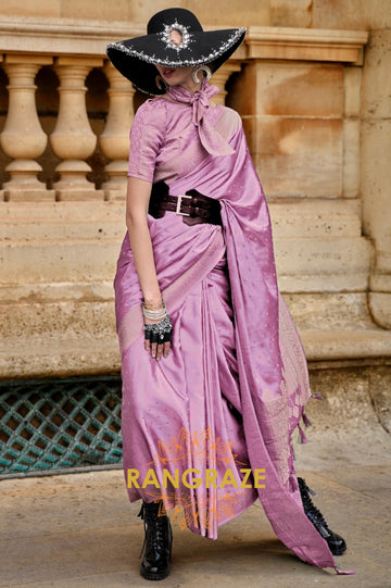 Lavender Purple Woven Satin Silk Saree With Brocade Blouse