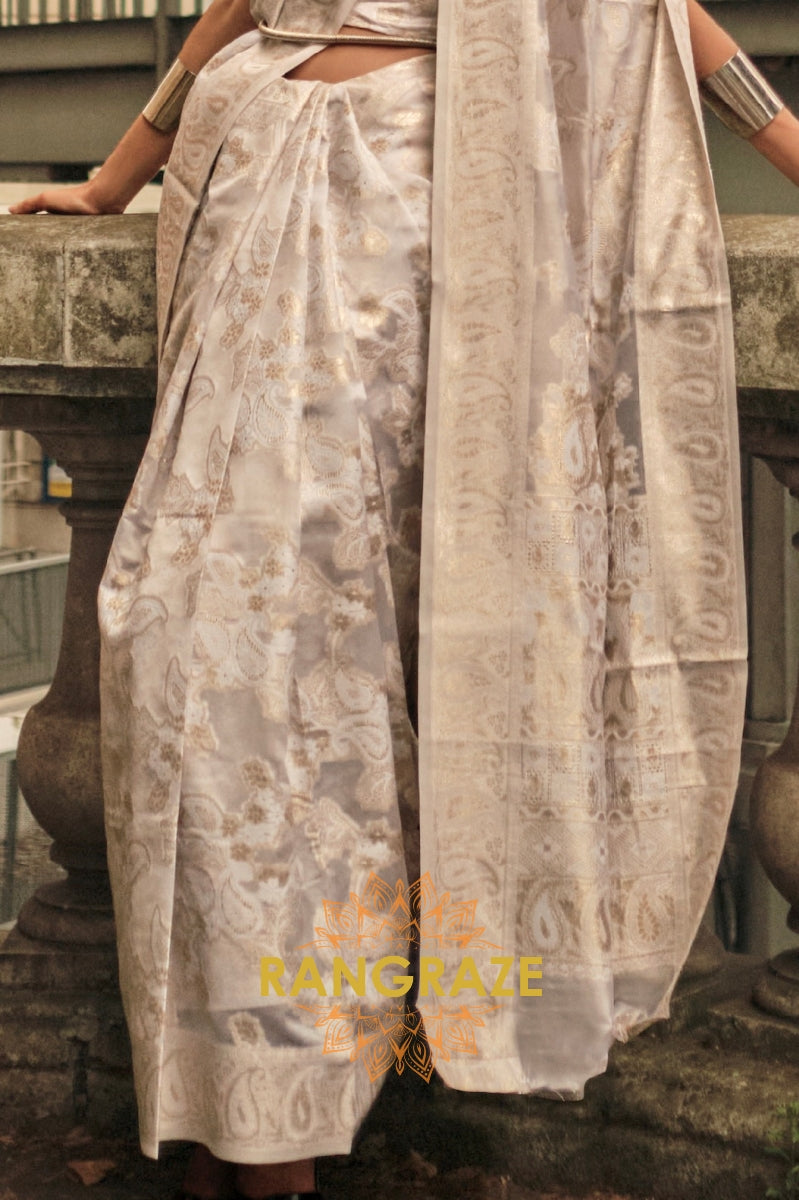 Ivory Beige Woven Lucknowi Organza Silk Saree