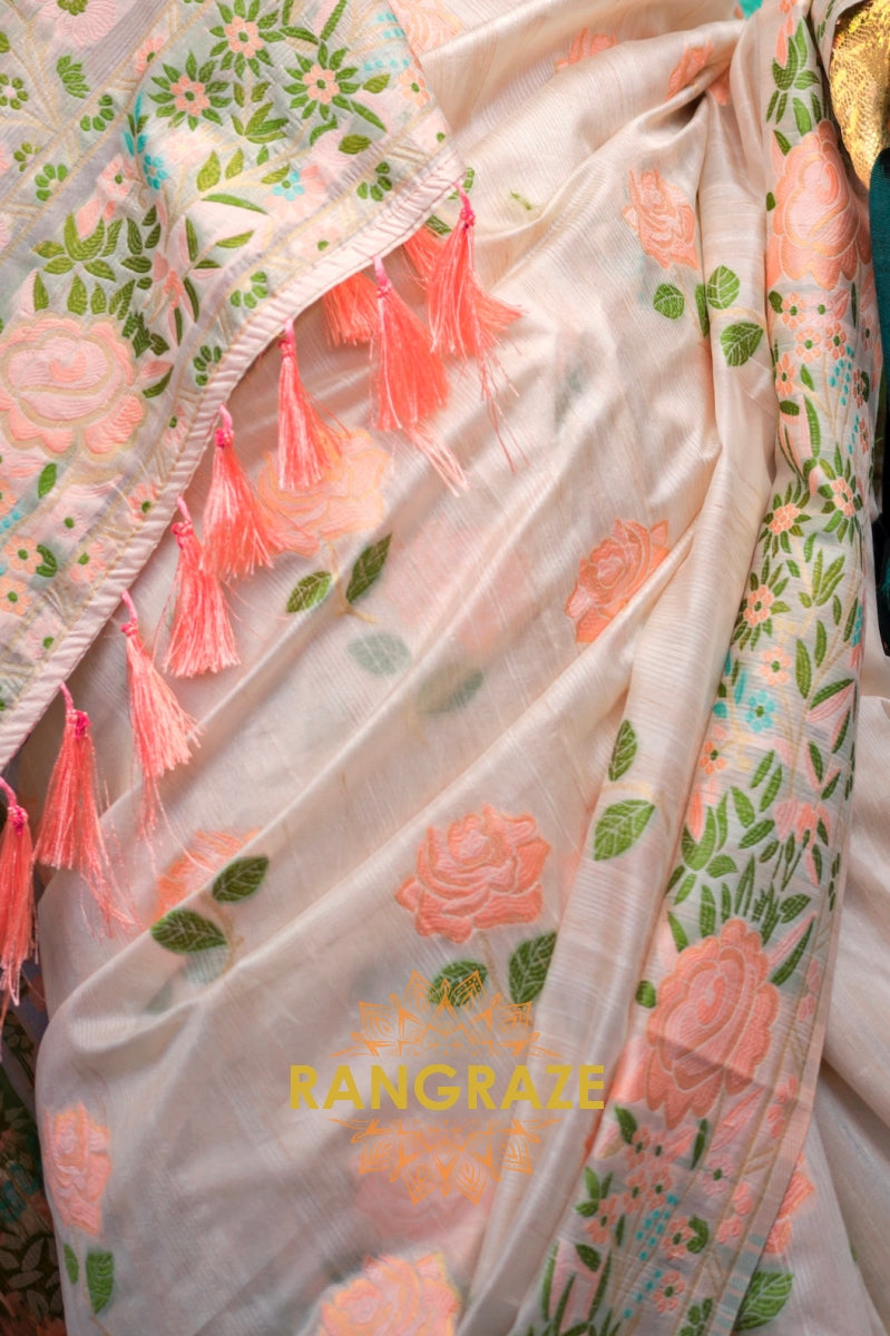 Floral Beige Parsi Weaved Cotton Silk Saree
