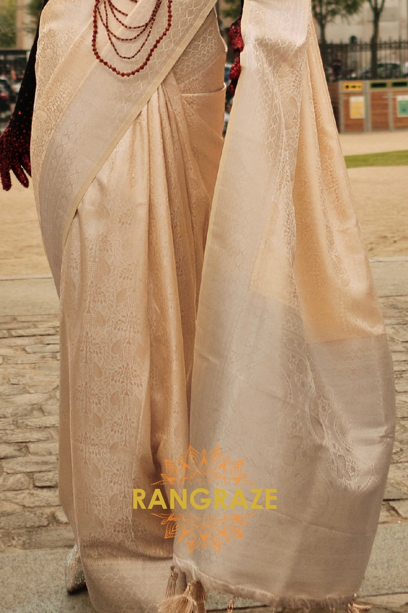 Royal Beige Pure Satin Handloom Weaving Silk Banarasi Saree