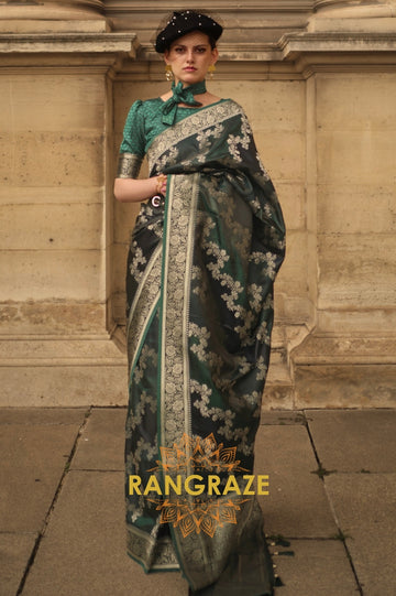 Imperial Green Rangkat Satin Handloom Weaving Silk Banarasi Saree