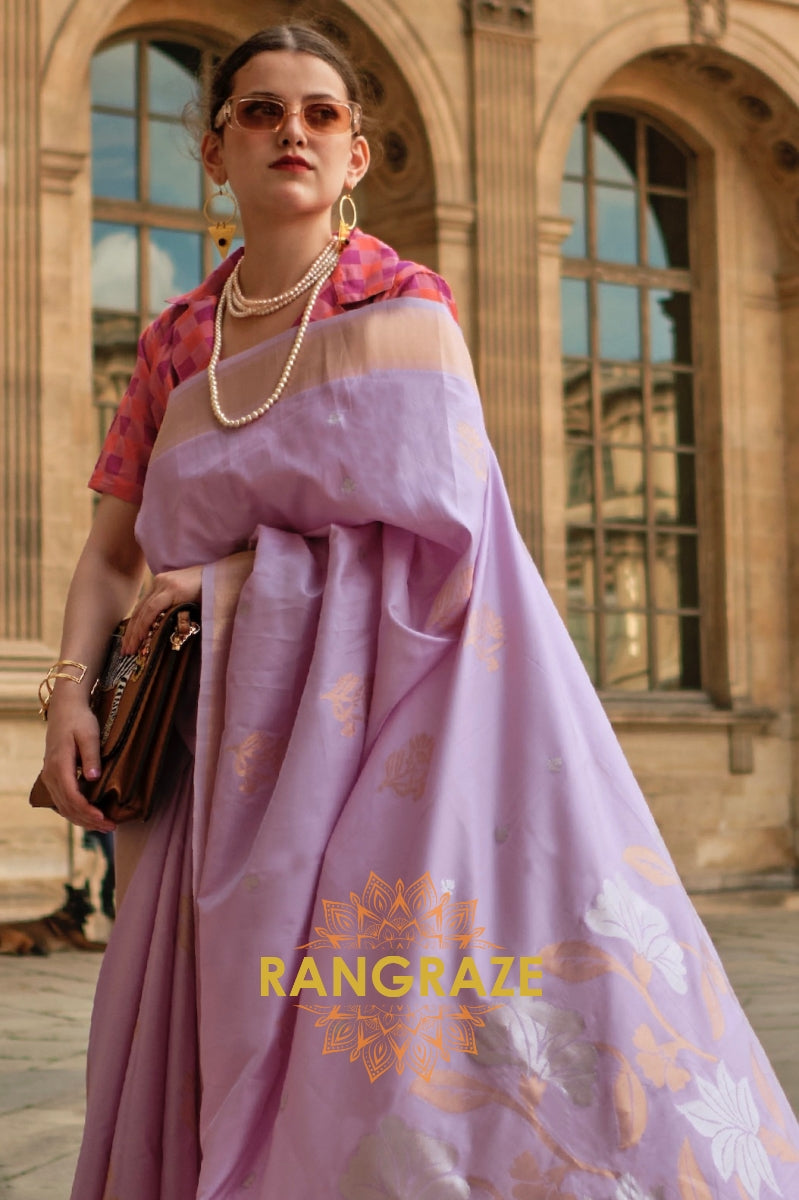 Lavender Lilac Soft Silk Handloom Weaving Banarasi Saree