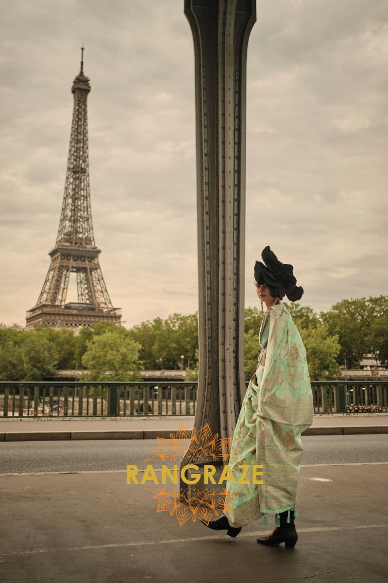 Rajwada Green Kashmiri Organza Handloom Weaving