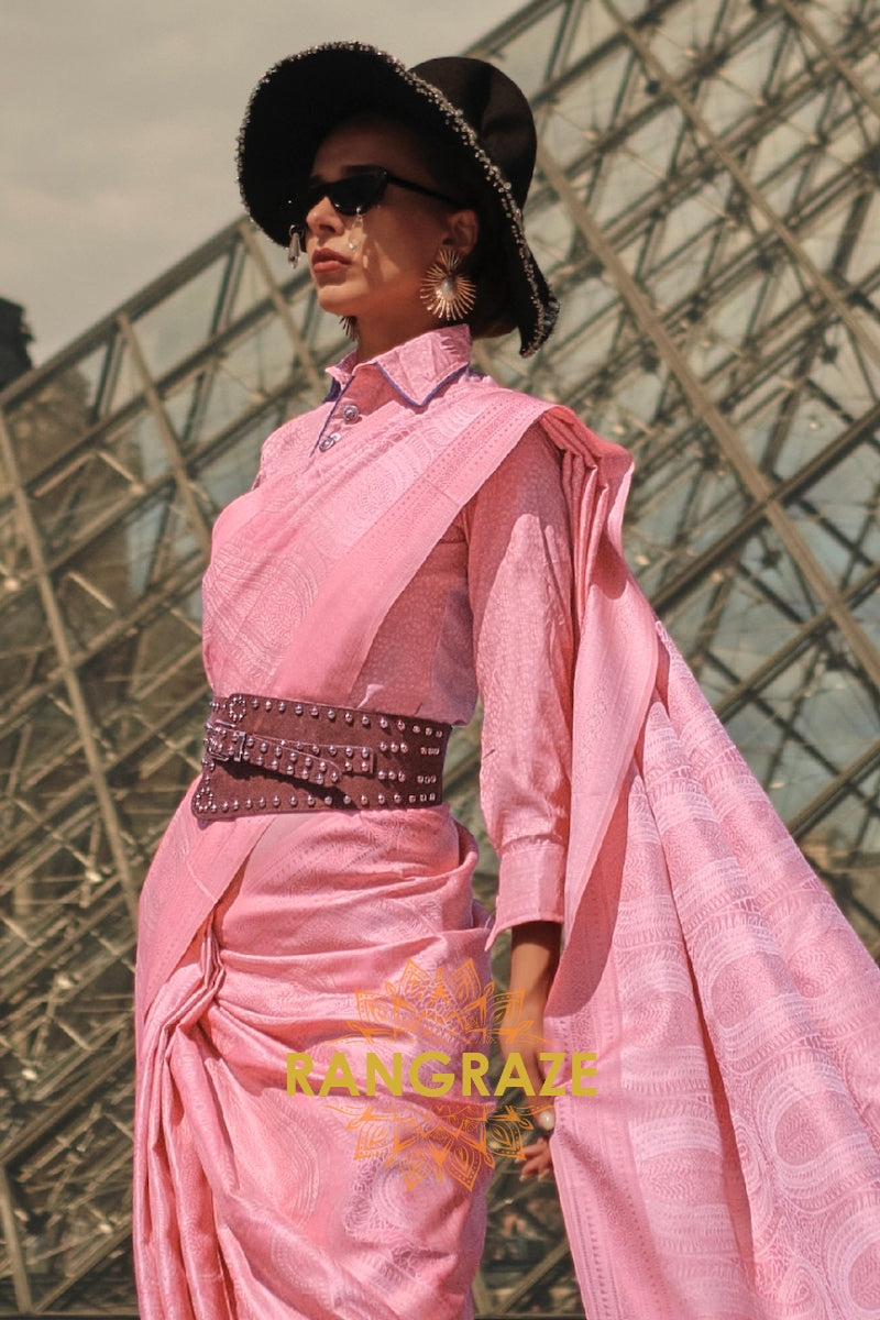 Rose Pink Pure Satin Handloom Weaving Banarasi Silk Saree