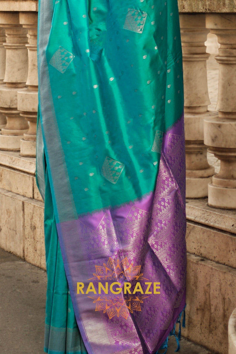 Turquoise Green Woven Banarasi Soft Silk Saree
