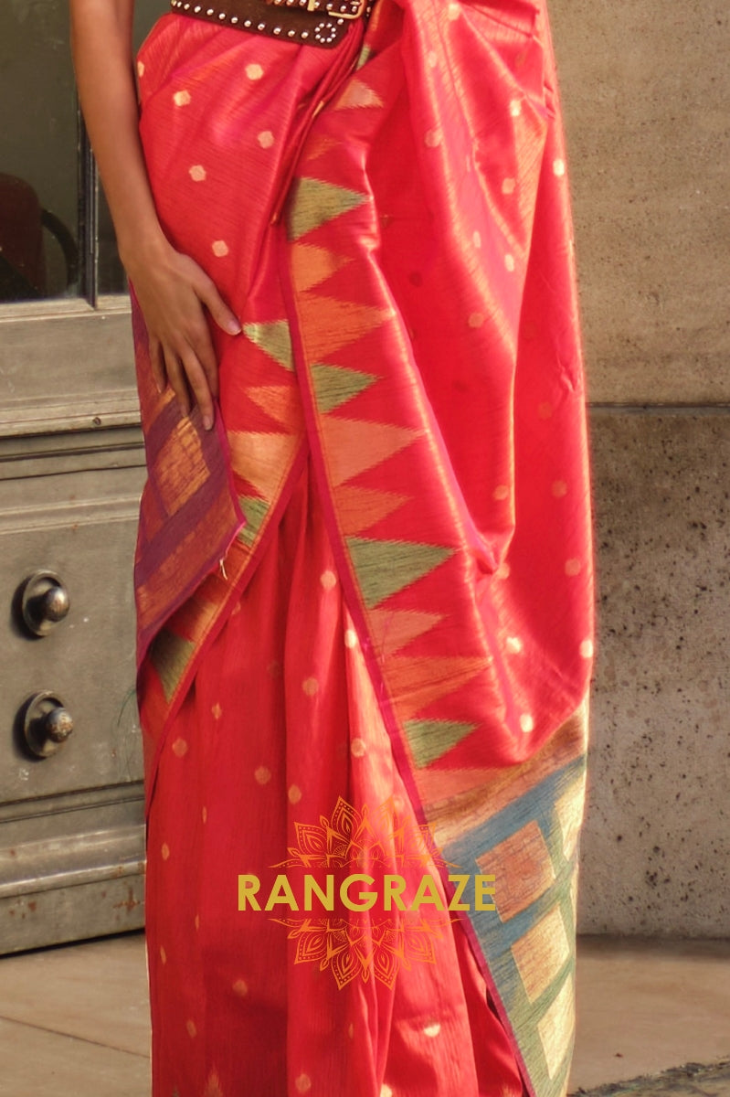 Blush Red Woven Banarasi Khaddi Silk Saree