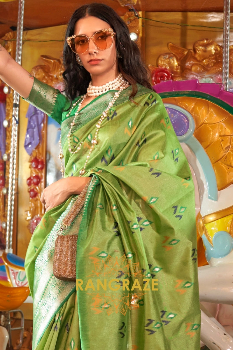 Parrot Green Woven Banarasi Soft Silk Saree