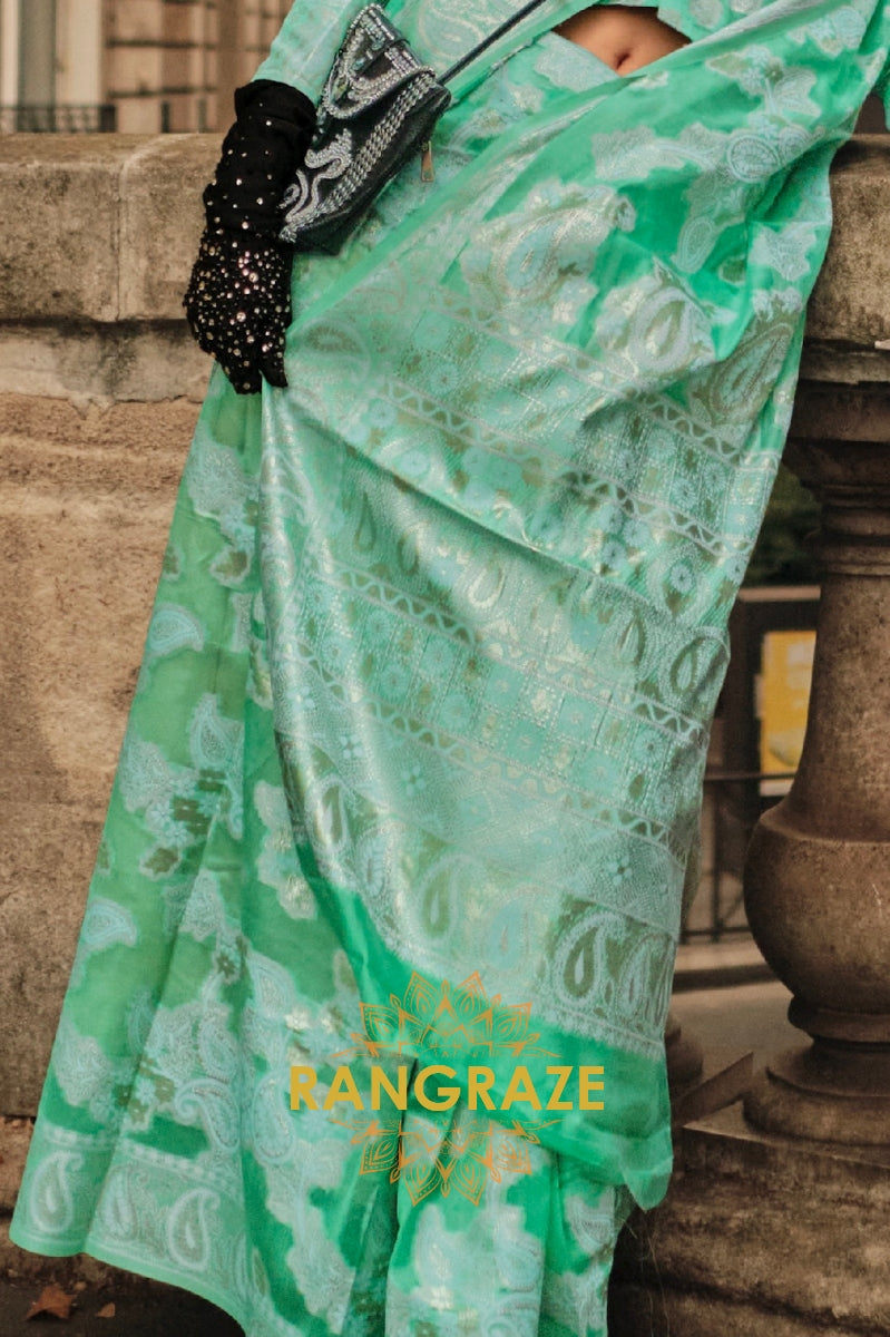 Turquoise Green Woven Lucknowi Organza Silk Saree