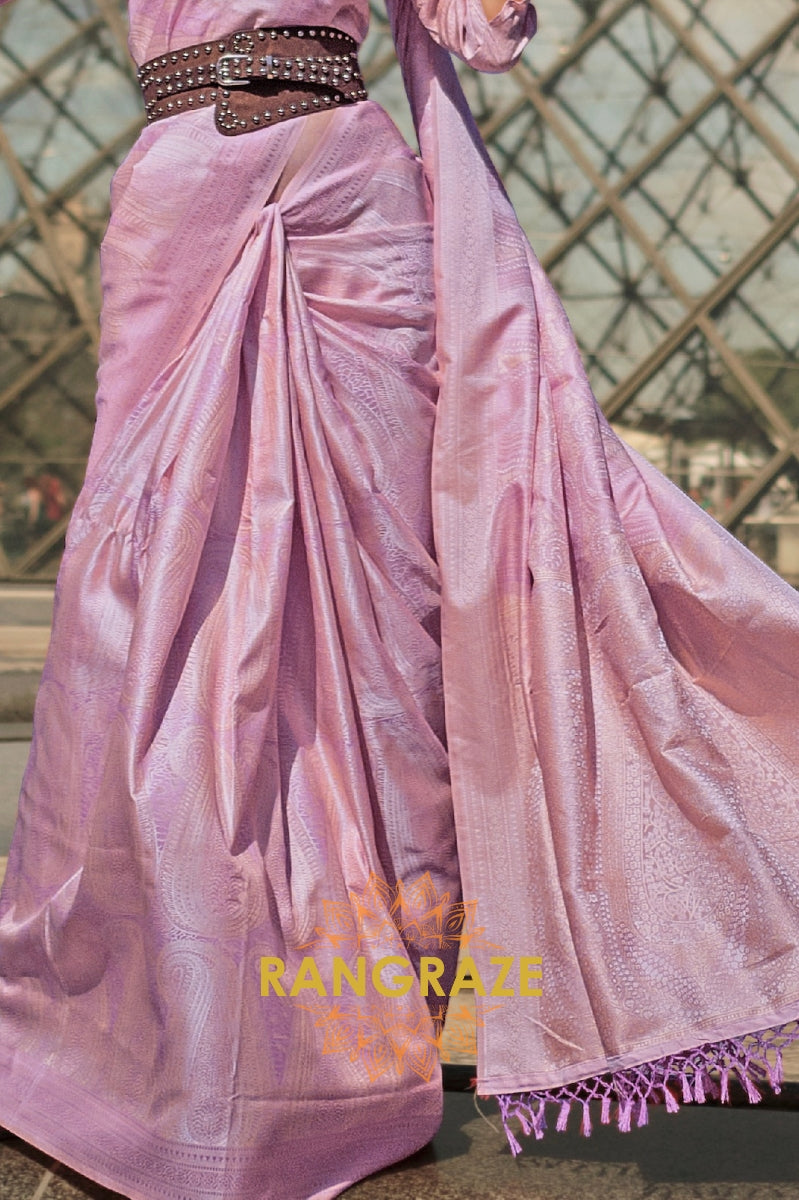 Lilac Lavender Pure Satin Handloom Weaving Banarasi Silk Saree