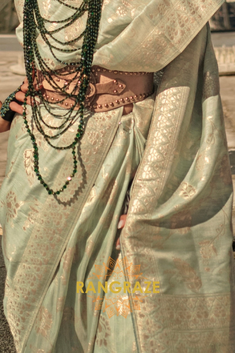 Pastel Green Gota Handloom Weaving Silk Banarasi Saree