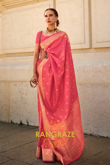 Creamy Red Woven Banarasi Khaddi Silk Saree