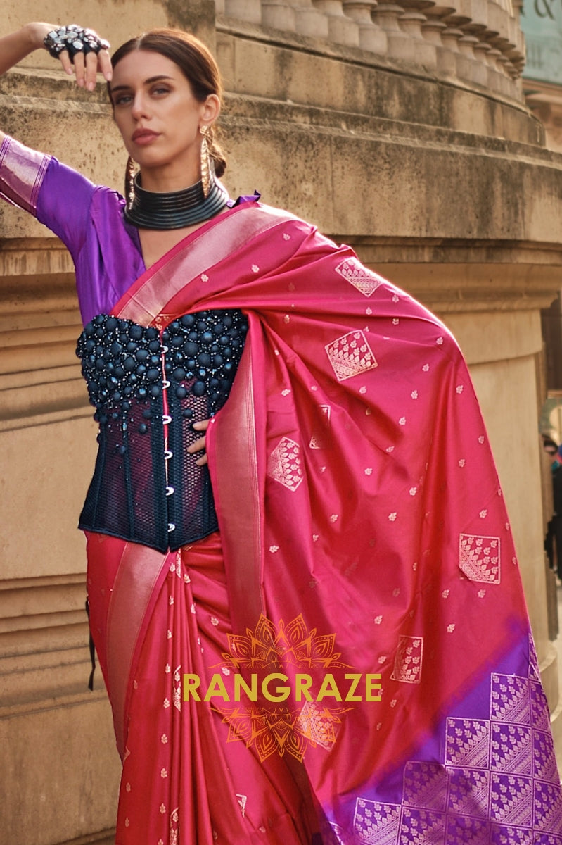 Magenta Red Woven Banarasi Soft Silk Saree