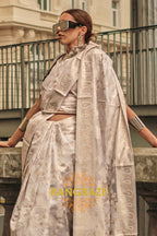 Ivory Beige Woven Lucknowi Organza Silk Saree