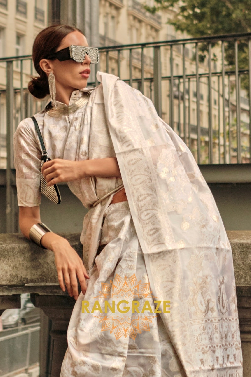 Ivory Beige Woven Lucknowi Organza Silk Saree