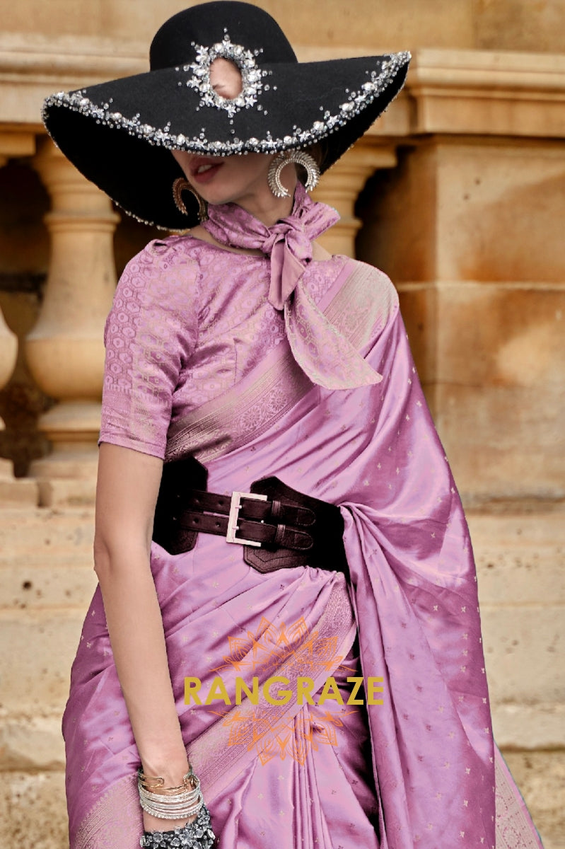 Lavender Purple Woven Satin Silk Saree With Brocade Blouse