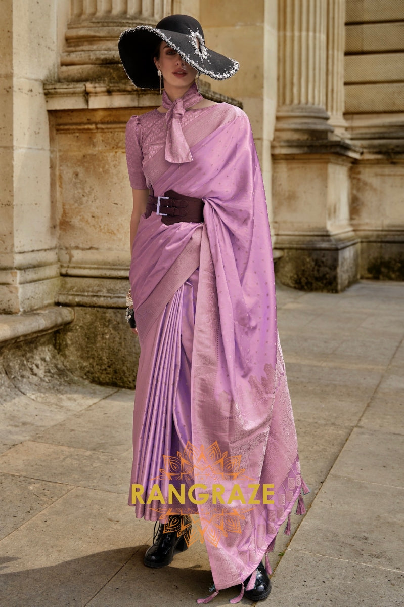 Lavender Purple Woven Satin Silk Saree With Brocade Blouse