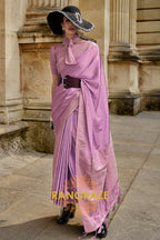 Lavender Purple Woven Satin Silk Saree With Brocade Blouse