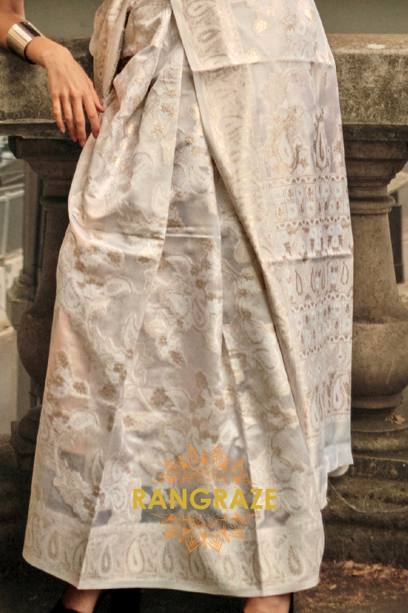 Ivory Beige Woven Lucknowi Organza Silk Saree