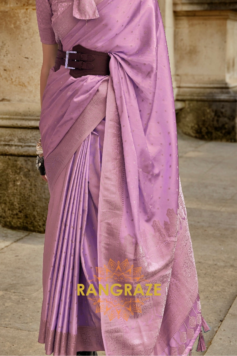 Lavender Purple Woven Satin Silk Saree With Brocade Blouse