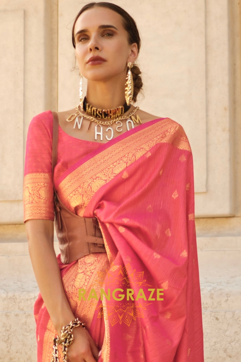Creamy Red Woven Banarasi Khaddi Silk Saree