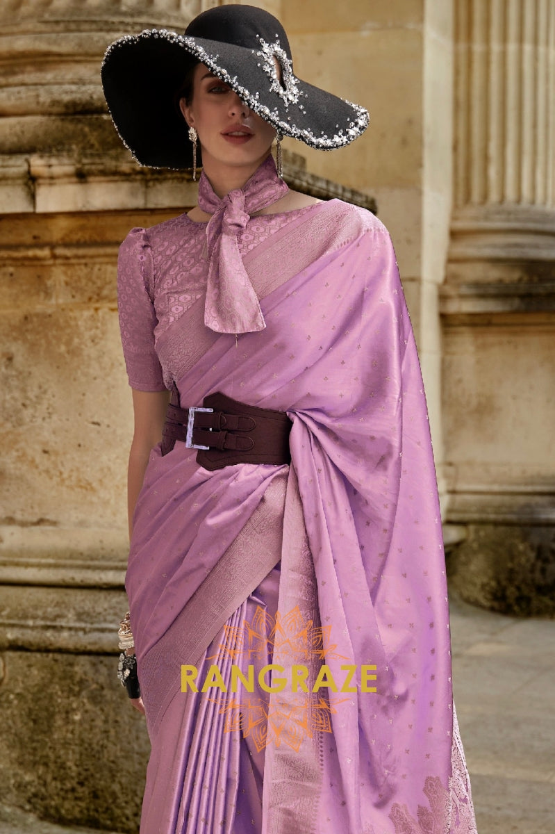 Lavender Purple Woven Satin Silk Saree With Brocade Blouse