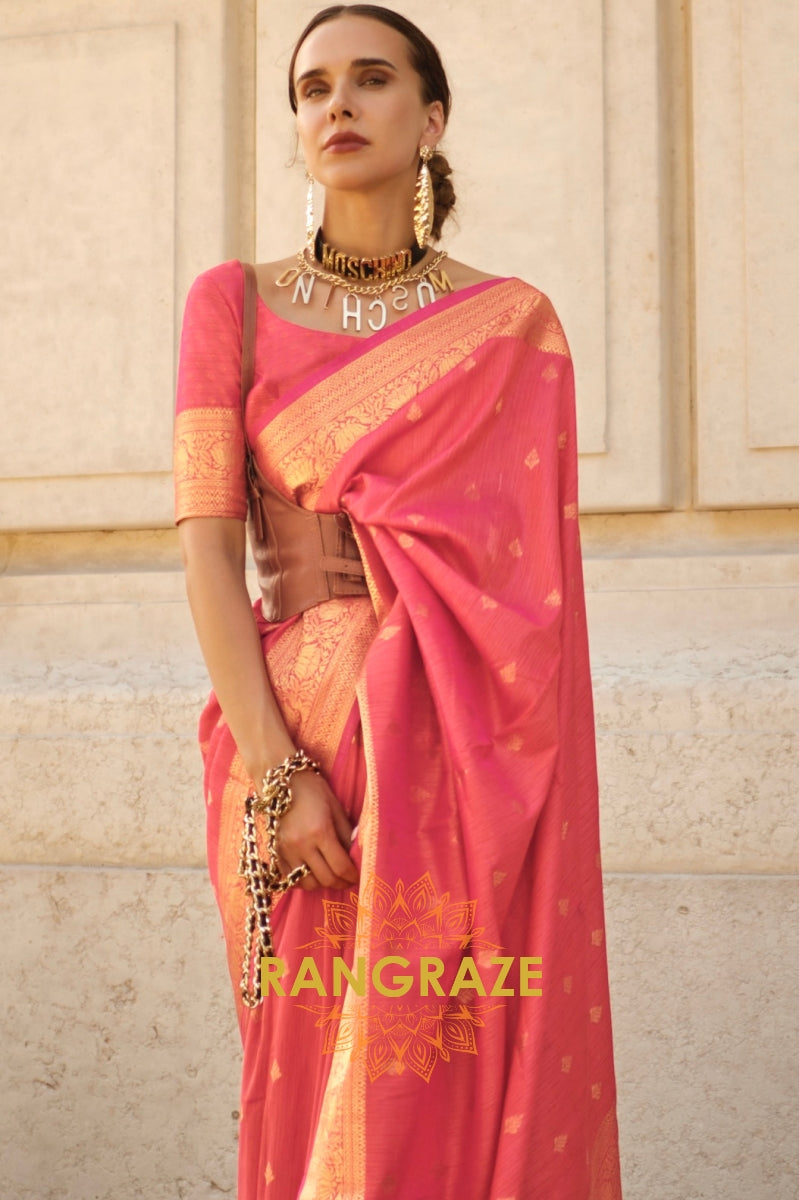 Creamy Red Woven Banarasi Khaddi Silk Saree