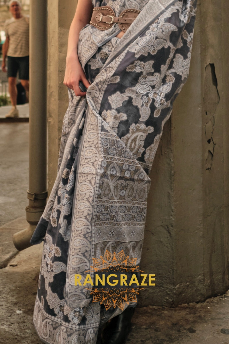 Raven Black Woven Lucknowi Organza Silk Saree