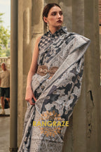 Raven Black Woven Lucknowi Organza Silk Saree
