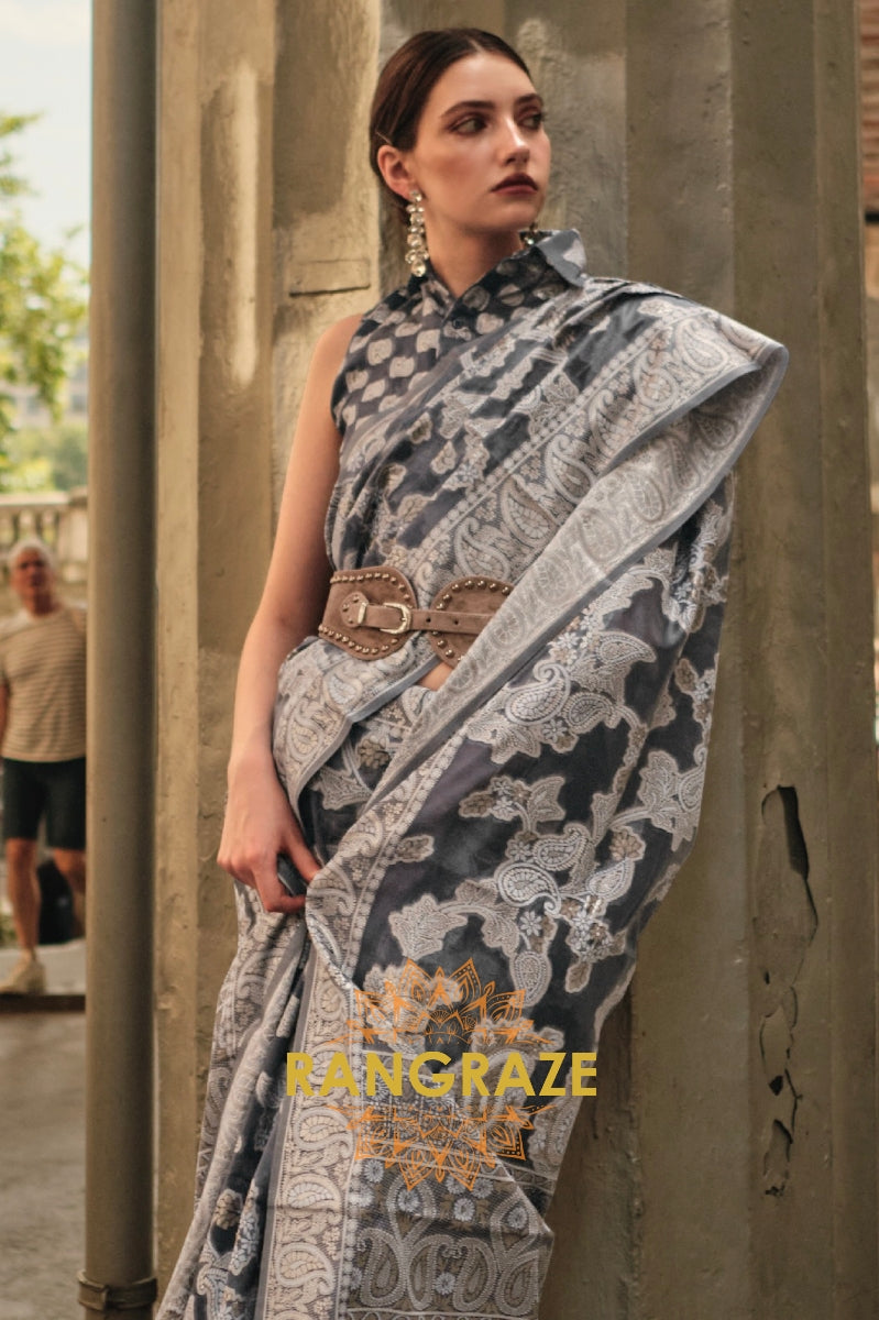 Raven Black Woven Lucknowi Organza Silk Saree